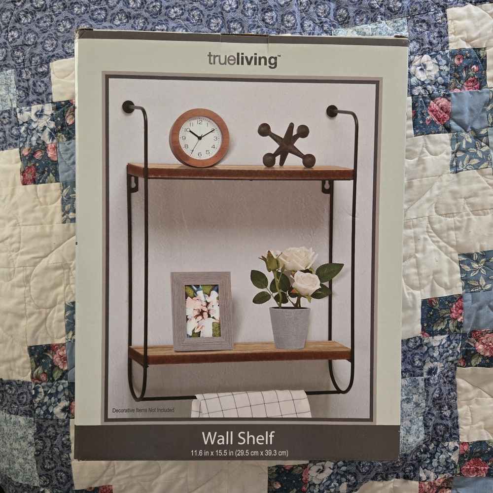 NEW True Living 2 Tier Wall Shelf, Natural Wood, Black Metal, 11.6" x 15.5"